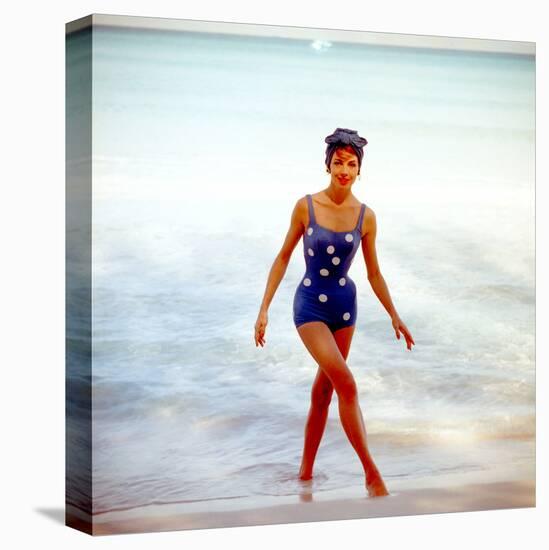 June 1956: Woman in Polka-Dot Swimsuit Modeling Beach Fashions in Cuba-Gordon Parks-Premier Image Canvas