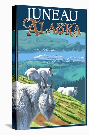 Juneau, Alaska - Goats and Cruise Ships-Lantern Press-Stretched Canvas