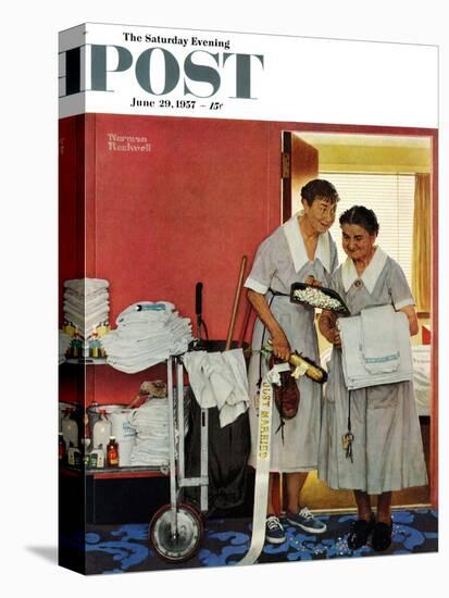 "Just Married" (hotel maids and confetti) Saturday Evening Post Cover, June 29,1957-Norman Rockwell-Premier Image Canvas