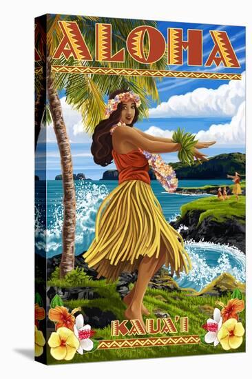 Kauai, Hawaii - Hula Girl on Coast-Lantern Press-Stretched Canvas