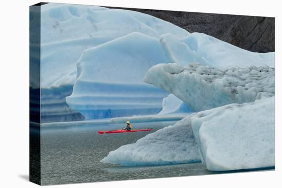 Kayaker exploring Grey Lake amid icebergs, Torres del Paine National Park, Chile, Patagonia-Adam Jones-Premier Image Canvas