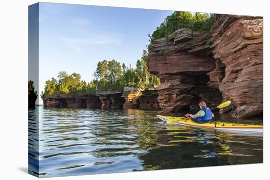 Kayaker in Sea Caves, Devils Island, Apostle Islands National Lakeshore, Wisconsin, USA-Chuck Haney-Premier Image Canvas