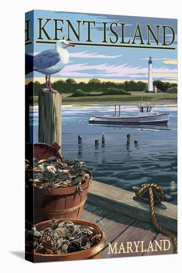 Kent Island, Maryland - Blue Crab and Oysters on Dock-Lantern Press-Stretched Canvas