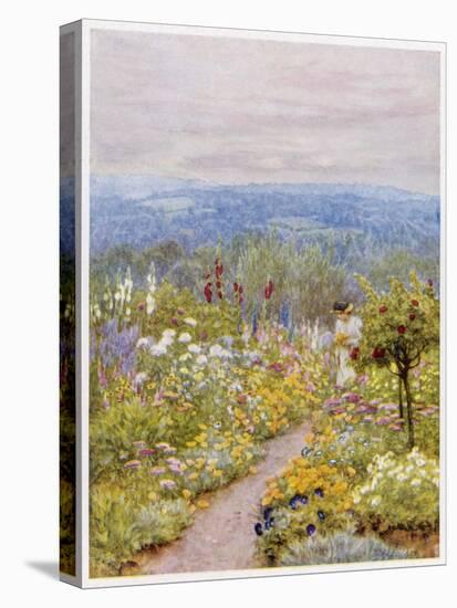 Kentish Garden, a Woman Picks Flowers from Large Herbaceous Borders in a Typical English Garden-null-Stretched Canvas