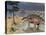Kentrosaurus Dinosaurs Walking in the Water Next to Sand and Trees-null-Stretched Canvas