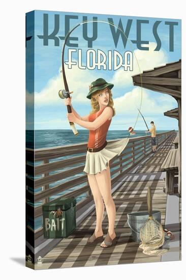 Key West, Florida - Fishing Pinup Girl-Lantern Press-Stretched Canvas