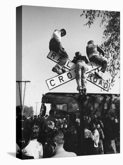 Kids Hanging on Crossbars of Railroad Crossing Signal to See and Hear Richard M. Nixon Speak-Carl Mydans-Premier Image Canvas