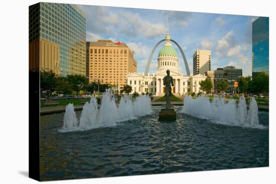 Kiener Plaza - "The Runner" in water fountain in front of historic Old Court House and Gateway A...-null-Premier Image Canvas