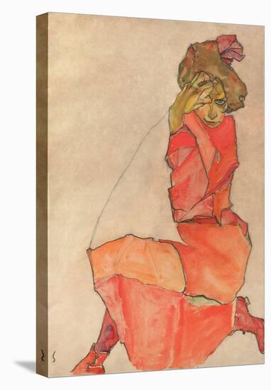 Kneeling Female in Orange-Red Dress, 1910-Egon Schiele-Stretched Canvas