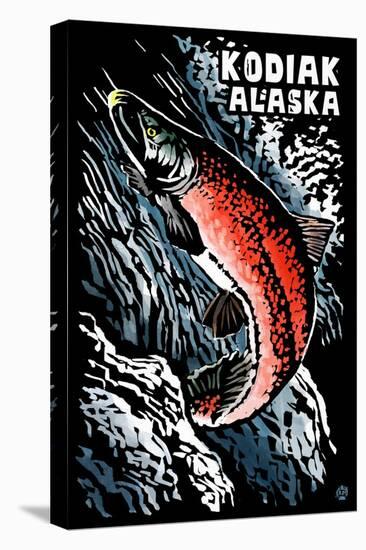 Kodiak, Alaska - Salmon Scratchboard-Lantern Press-Stretched Canvas