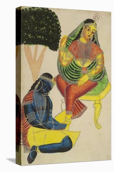 Krishna and Radha, Kalighat Style, India, 1860-null-Stretched Canvas