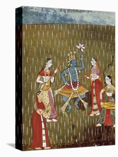 Krishna with a Lotus Flower and His Wife Radha Dancing in the Rain-null-Stretched Canvas