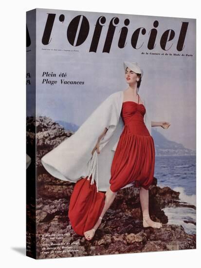 L'Officiel, June 1955 - Grès. Ensemble de Plage en Jersey de Rodier, Cape en Toile de Moreau-Philippe Pottier-Stretched Canvas