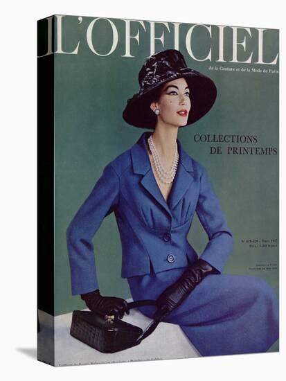 L'Officiel, March 1957 - Tailleur de Pierre Balmain en Cheviotte Poncho de Labbey-Philippe Pottier-Stretched Canvas