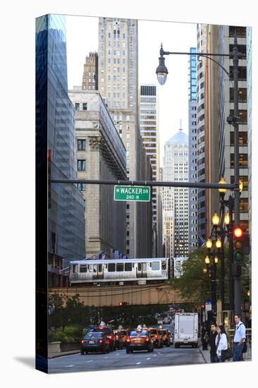 L Train on Elevated Track Crosses South Lasalle Street in the Loop District, Chicago, Illinois, USA-Amanda Hall-Premier Image Canvas