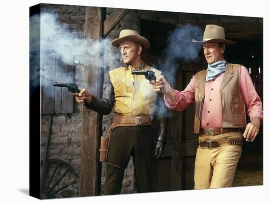 La caravane by feu THE WAR WAGON by Burt Kennedy with Kirk Douglas and John Wayne, 1967 (photo)-null-Stretched Canvas