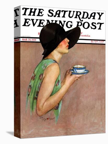 "Lady in Wide Brim Hat Holding Tea Cup," Saturday Evening Post Cover, March 24, 1928-Penrhyn Stanlaws-Premier Image Canvas