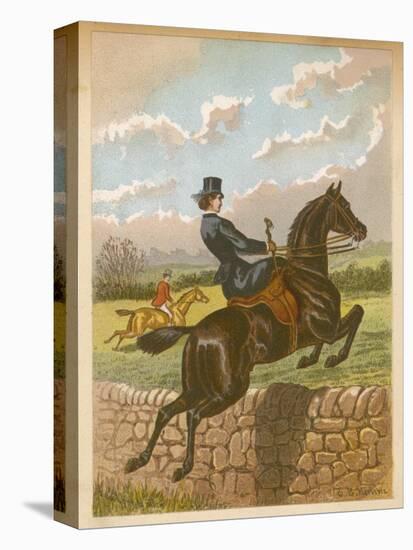 Lady Jumping a Wall Side Saddle on a Brown Horse-C.b. Herberte-Premier Image Canvas