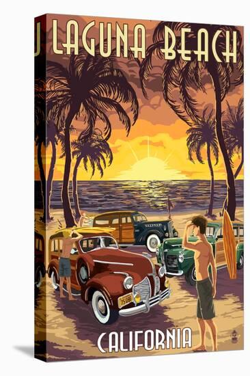 Laguna Beach, California - Woodies and Sunset-Lantern Press-Stretched Canvas