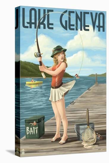 Lake Geneva, Wisconsin - Pinup Girl Fishing-Lantern Press-Stretched Canvas