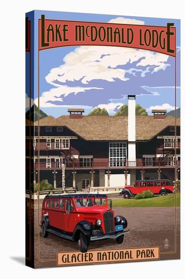 Lake McDonald Lodge and Red Jammers - Glacier National Park, Montana-Lantern Press-Stretched Canvas