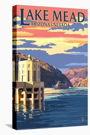 Lake Mead, Nevada / Arizona - Paddleboat and Hoover Dam-Lantern Press-Stretched Canvas