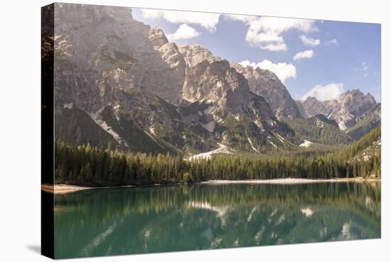 Lake Prags, Prags Dolomites, South Tyrol, Italy: The Mountains And Trees Refelcting On The Lake-Axel Brunst-Premier Image Canvas