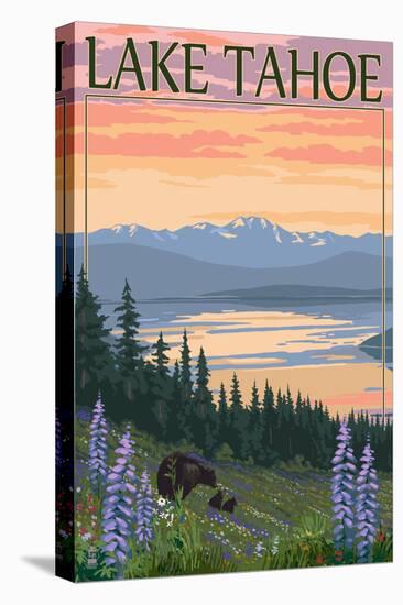 Lake Tahoe - Bear Family and Spring Flowers-Lantern Press-Stretched Canvas