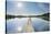 Lake with wooden jetty and sun, Muttelsee, Tettnang Baden-Wurttemberg, Germany-Raimund Linke-Stretched Canvas