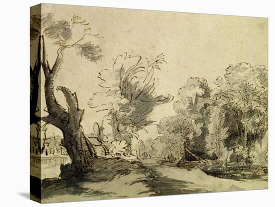 Landscape with a Path, an Almost Dead Tree on the Left and a Footbridge Leading to a Farm-Rembrandt van Rijn-Premier Image Canvas