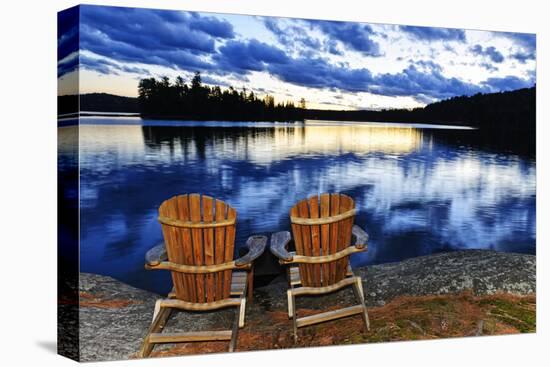 Landscape with Adirondack Chairs on Shore of Relaxing Lake at Sunset in Algonquin Park, Canada-elenathewise-Premier Image Canvas