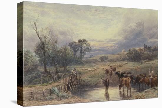 Landscape with Cattle and Bridge, 19Th Century (Watercolour)-Myles Birket Foster-Premier Image Canvas