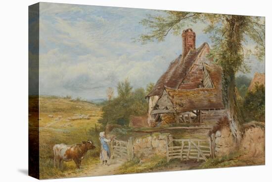 Landscape with Cottage, Girl and Cow (Bodycolour and Pencil on Paper, Pasted on Card)-Myles Birket Foster-Premier Image Canvas