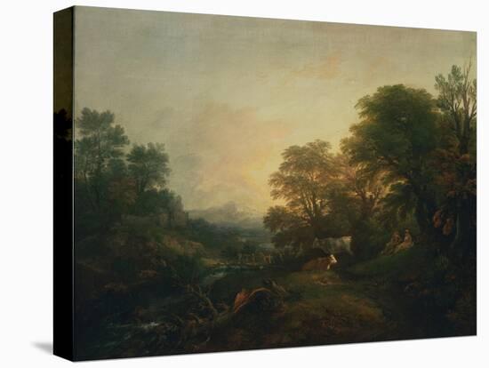 Landscape with Rustic Lovers, Two Cows and a Man on a Distant Bridge, C.1755-59 (Oil on Canvas)-Thomas Gainsborough-Premier Image Canvas