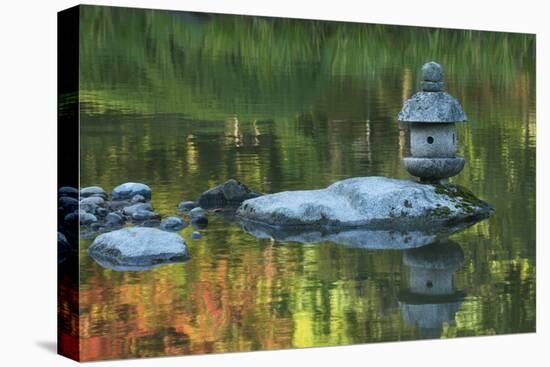 Lantern within a autumn colord pond, Seattle, Washington State-Greg Probst-Premier Image Canvas