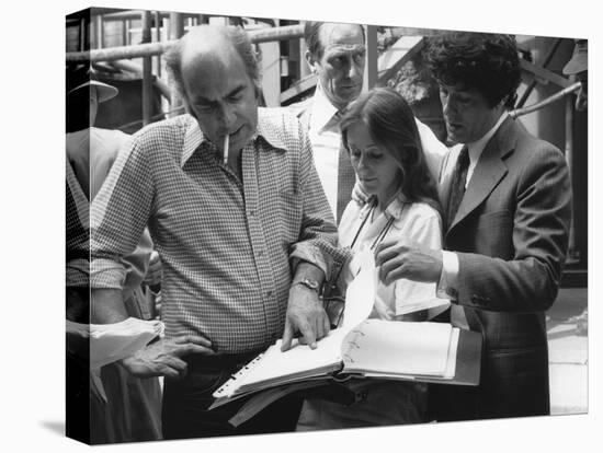 LE GANG, 1976 directed by JACQUES DERAY On the set, Jacques Deray and Alain Delon (b/w photo)-null-Stretched Canvas