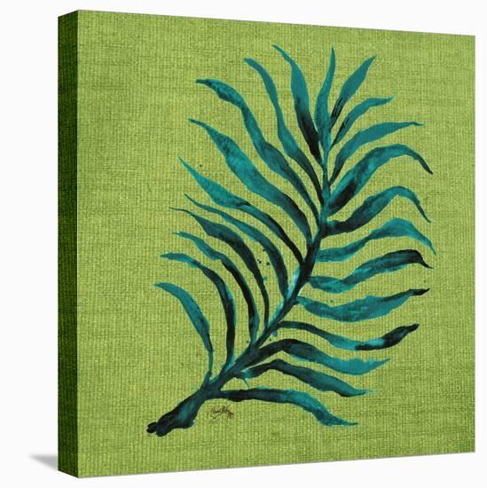 Leaf on Green Burlap-Elizabeth Medley-Stretched Canvas
