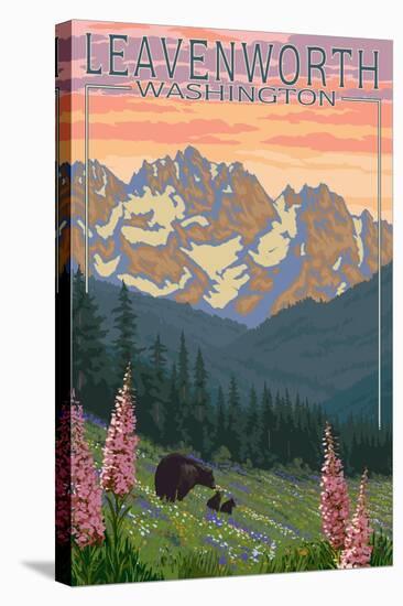 Leavenworth, Washington - Bears and Spring Flowers-Lantern Press-Stretched Canvas