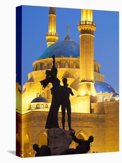 Lebanon, Beirut, Statue in Martyr's Square and Mohammed Al-Amin Mosque at Dusk-Nick Ledger-Premier Image Canvas