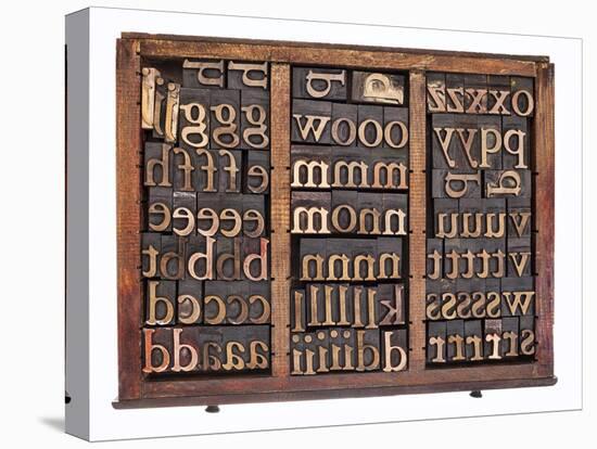 Letterpress Wood Type Printing Blocks in Old Typesetter Drawer Isolated on White-PixelsAway-Stretched Canvas