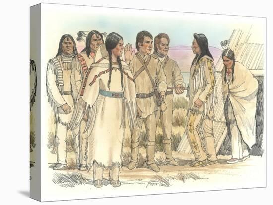 Lewis, Clark, and Sacagawea Meeting a Group of Four Indians in Front of a Mat Lodge-Roger Cooke-Premier Image Canvas