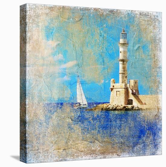 Light House With Yacht- Artistic Painting Style Picture-Maugli-l-Stretched Canvas