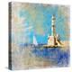 Light House With Yacht- Artistic Painting Style Picture-Maugli-l-Stretched Canvas