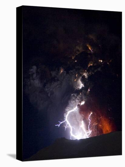 Lighting Seen Amid the Lava and Ash Erupting from the Vent of the Volcano in Central Iceland-null-Premier Image Canvas