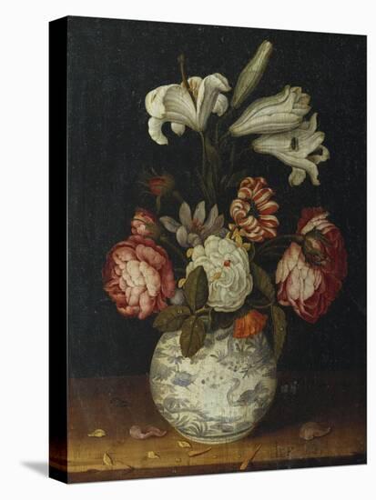 Lilies, Roses, a Marigold, and Other Flowers in a Blue and White Wan-Li Vase on a Ledge, 1656-Joseph Bail-Premier Image Canvas