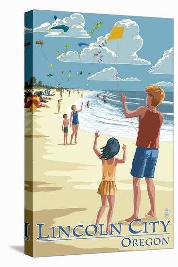 Lincoln City, Oregon - Kite Flyers-Lantern Press-Stretched Canvas