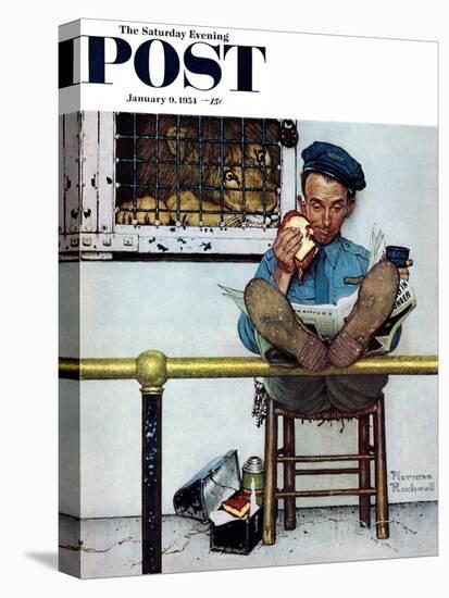 "Lion and His Keeper" Saturday Evening Post Cover, January 9,1954-Norman Rockwell-Premier Image Canvas