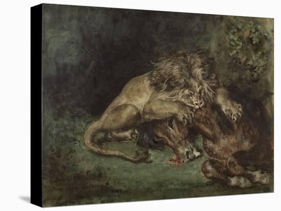 Lion Dévorant Un Cheval (Lion Devouring a Horse), C. 1844 (Watercolor, Bodycolor Oand Gum Arabic Wi-Ferdinand Victor Eugene Delacroix-Premier Image Canvas
