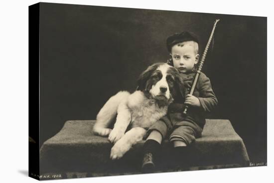 Little boy with dog (b/w photo)-German Photographer-Premier Image Canvas