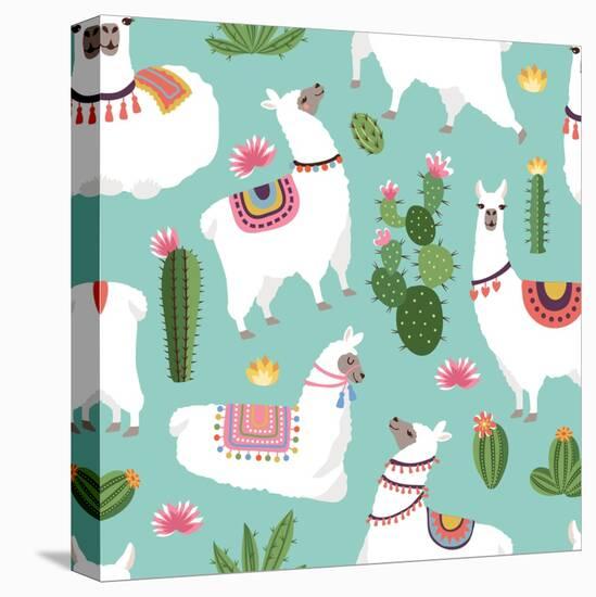 Llama and Cactus Pattern-ONYXprj-Stretched Canvas